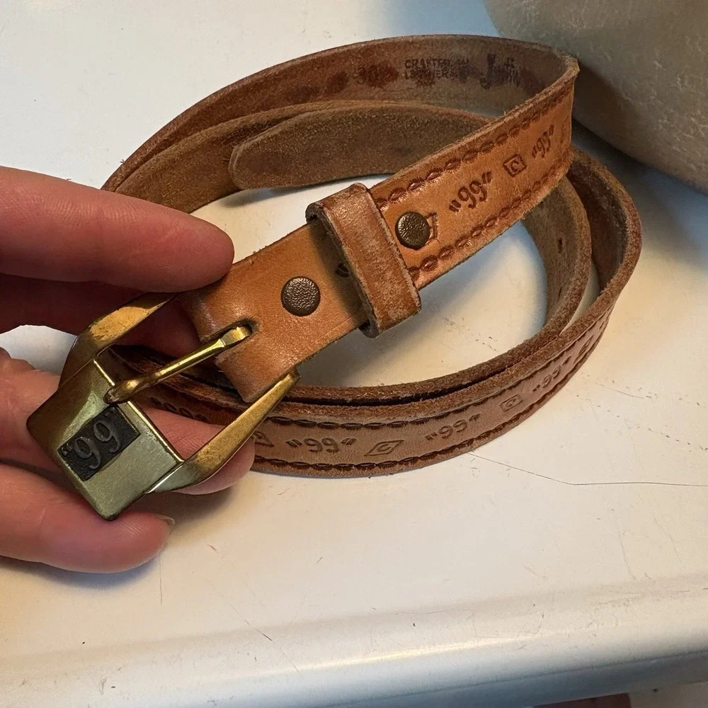 Vintage Justin Western Leather Belt Brass Buckle Sz 38 